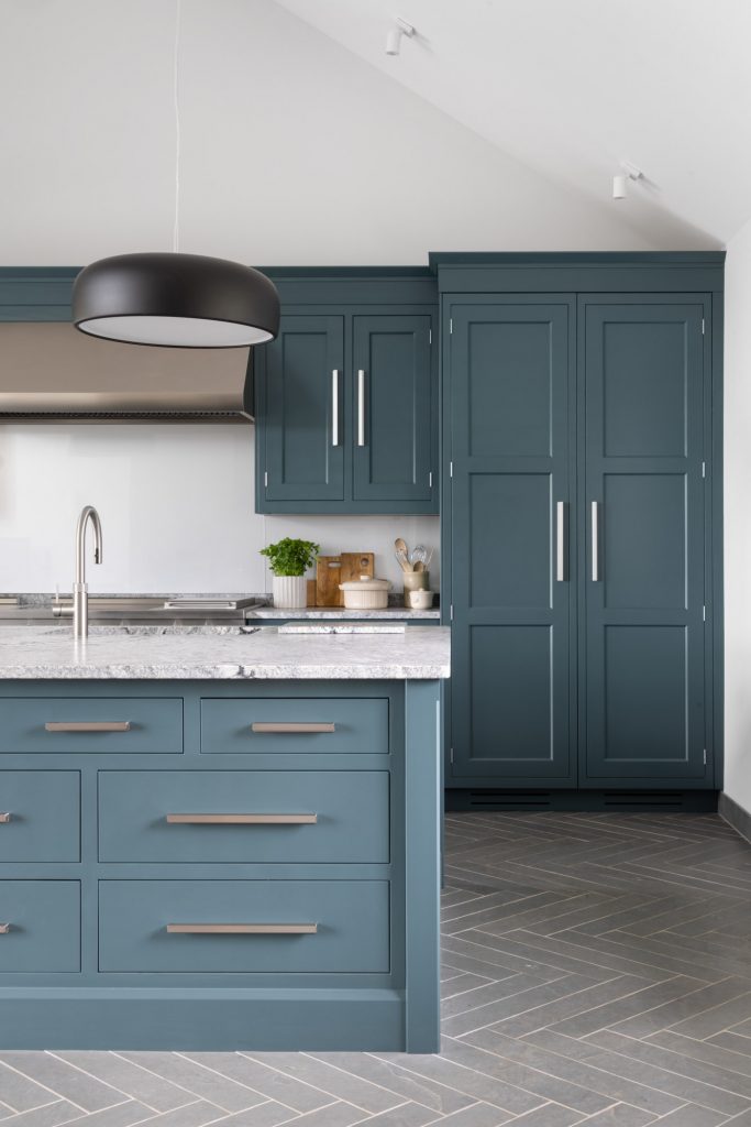 cheshire fitted furniture in a smoky blue kitchen