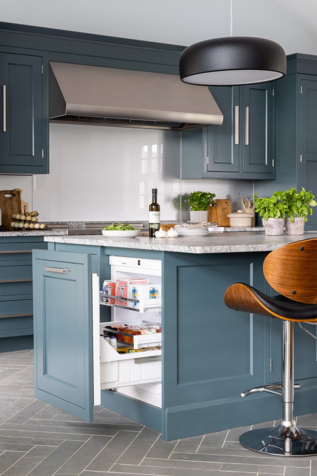 cheshire kitchen island with integrated fridge in blue colour with silver kitchen bar stools renovation