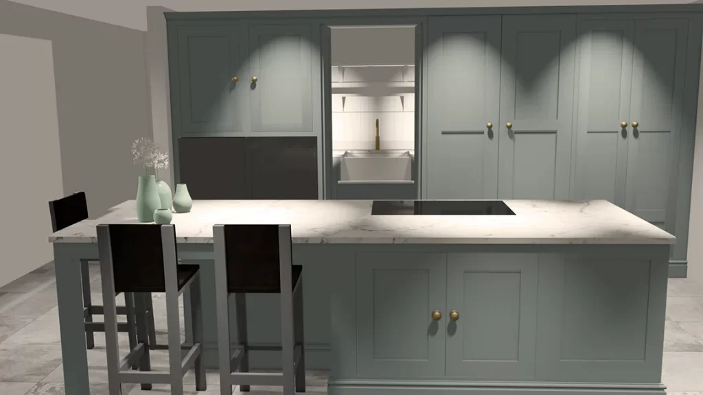 Stylish kitchen render showcasing a contemporary design with high-gloss cabinetry and stainless-steel appliances